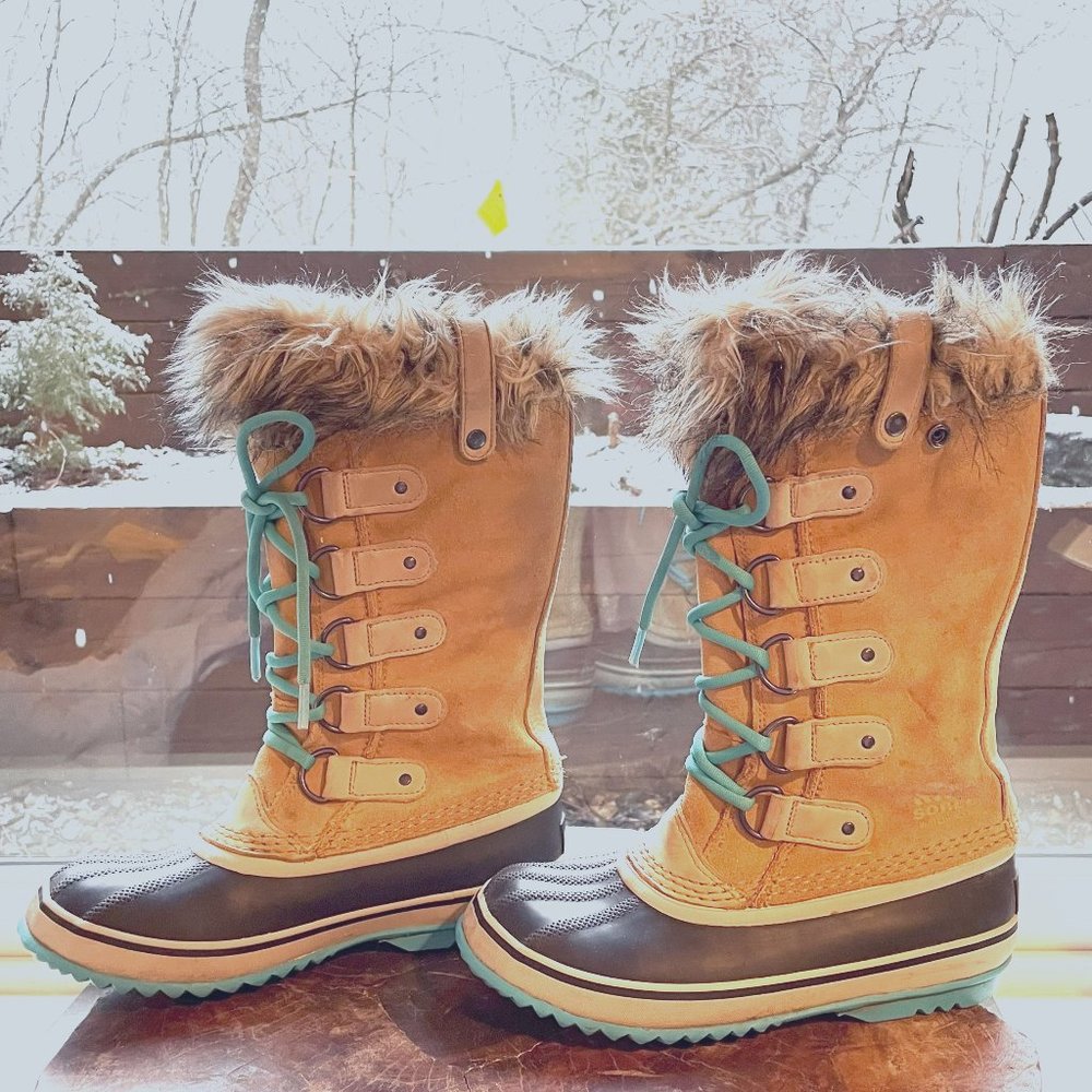 Sorel Joan of Arctic Waterproof Boots NL1540-373 US 6  Tan Curry Turquoise Suede